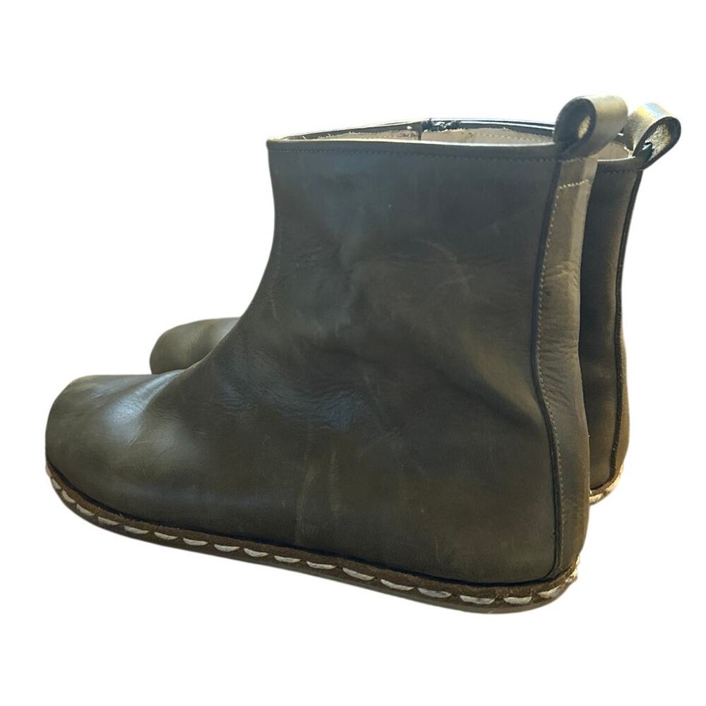 Women 10.5 Atlantis Handmade Turkey Olive Green Leather Barefoot Boot Zip Ankle - Picture 3 of 9
